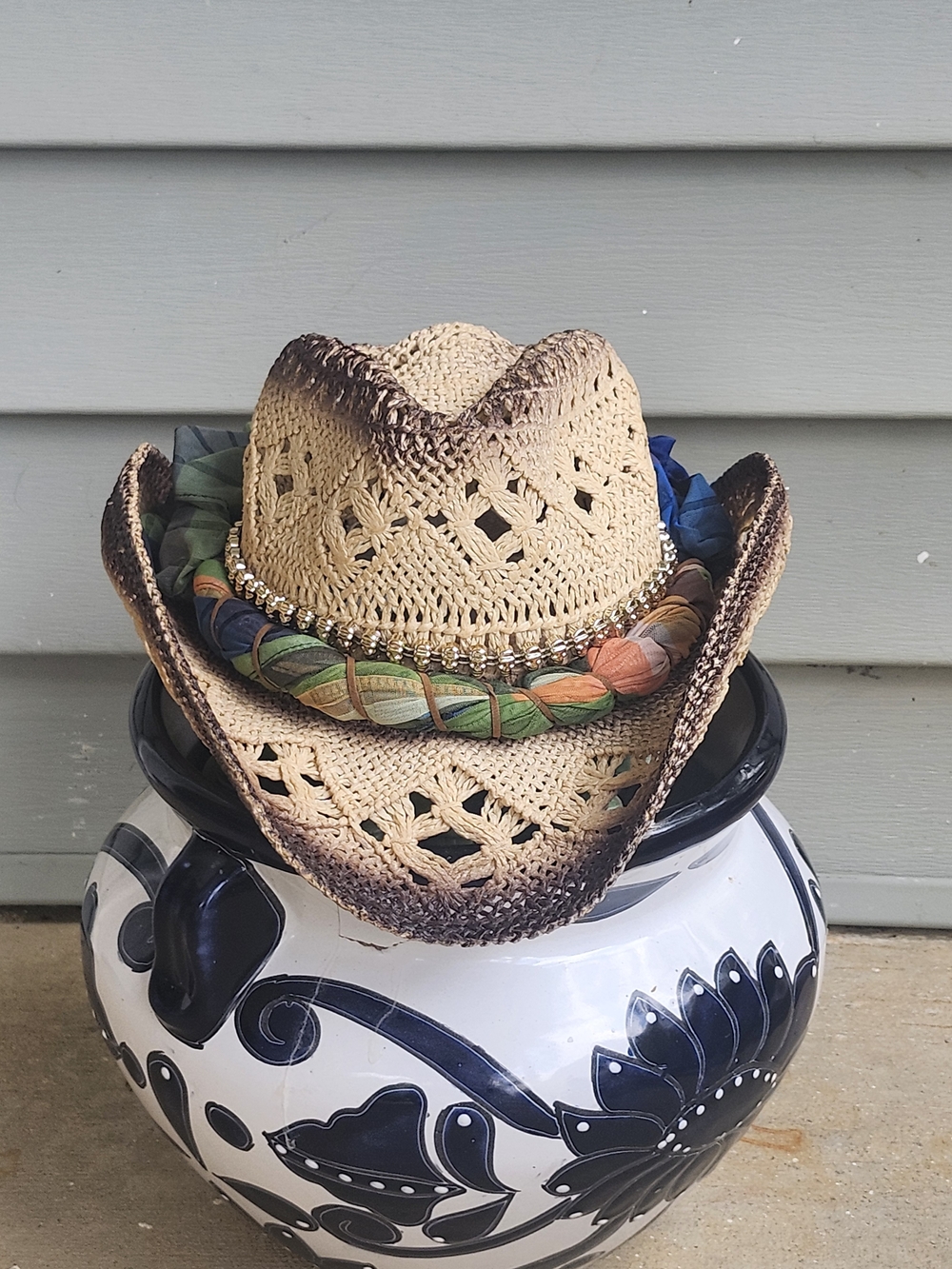 Basket Weave Cowboy Hat with Multicolor Braided Trim Bandana